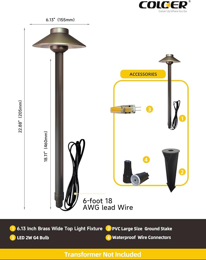 COLOER Brass Low Voltage Pathway Lights Outdoor 1-Pack with 2W LED G4 Bulb, Garden Path Lights Electric, IP65 Waterproof Outdoor Landscape Lighting Wired(602B)