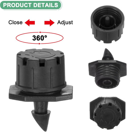 100-Pack 360 Degree Adjustable Irrigation Dripper, 1/4 Inch Barbed Emitter Drip Sprinklers for Garden/Greenhouse/Flower Bed/Watering System, Anti-Clogging Emitters [Black]