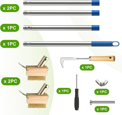 Moss Remover Brush Crack Weeder Tool Stainless Steel Crevice Weeder with 2 Brush Heads - Long Handle Weed Puller for Deck, Patio, Walkway, Driveway Crevice Cleaning Tool (Moss Remover Tool-2)