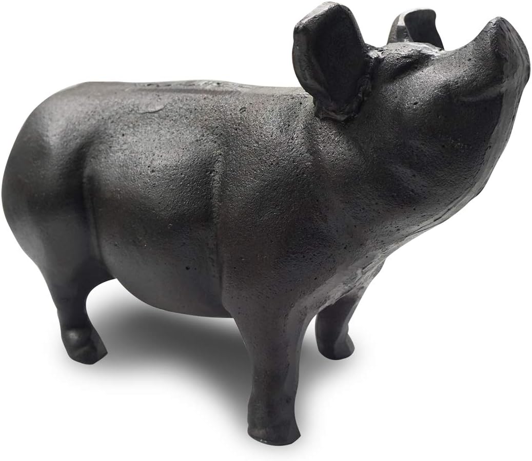 NACH Cast Iron Pig Statue - Black Door Stopper/Paperweight, Rustic Garden Decor, 9.2x3.7x5.9 Inch, Black Head Up Pig