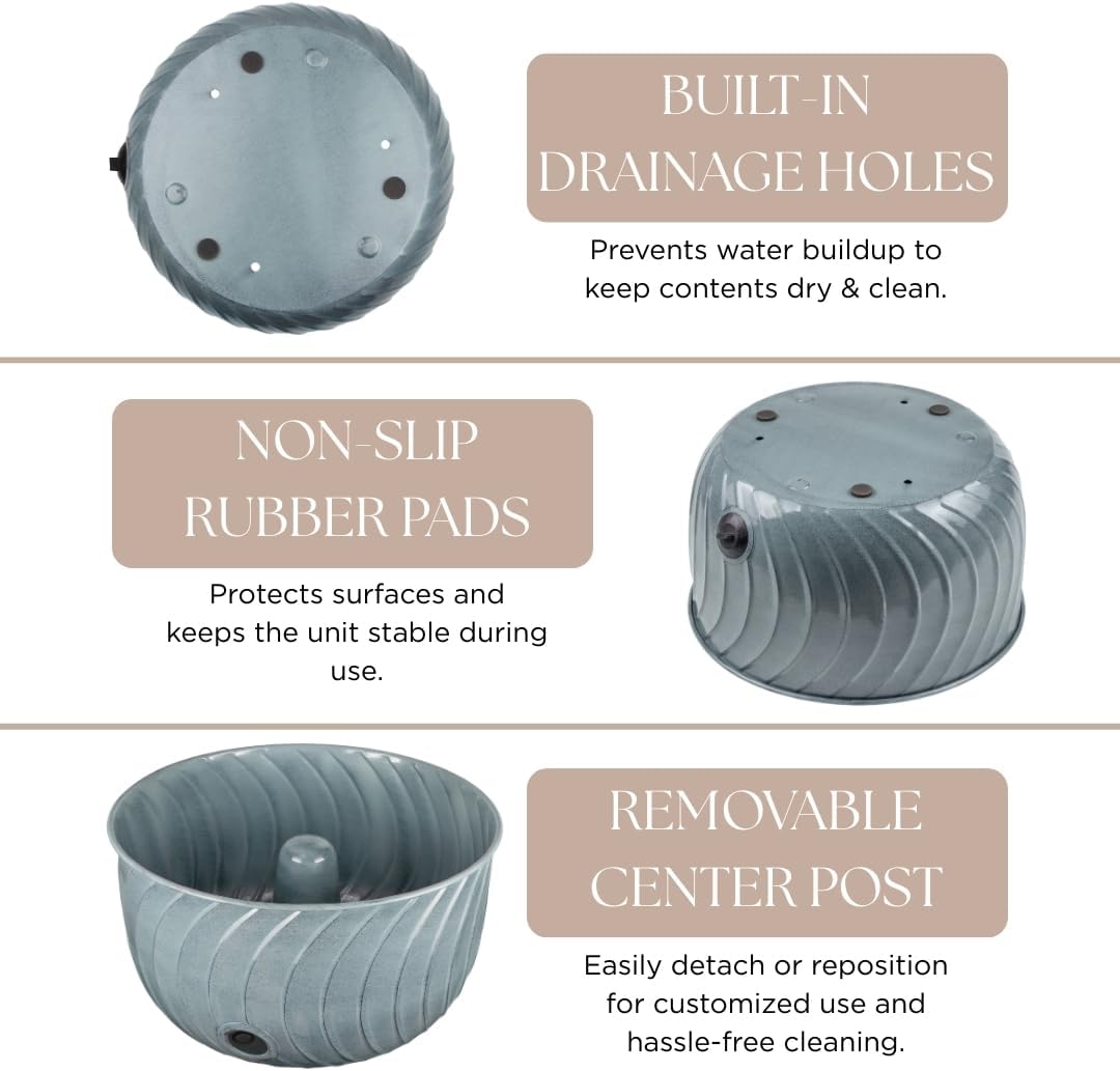 Monarch Abode Decorative Garden Hose Holder with Lid, Patina Storage for Outdoor Use, 100 ft Water Hose Pot for Outside, Wave Embossed Metal Pot with Drainage, Garden Storage Organizer