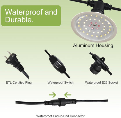 Outdoor Grow Lights for Plants, Full Spectrum Greenhouse Grow Light, Waterproof String Grow Light, 42FT Adjustable Cord, for Vegetables, Seedlings, Flowers (12 Lights)