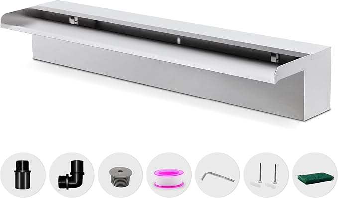 Waterfall Pool Fountain LONGRUNNEW 304 Stainless Steel 23.6" Rectangular Waterfall Spillway, Water Fall Fountain with Pipe Connector for Garden Outdoor, Swimming Pools, Fountains, Pond and Spa