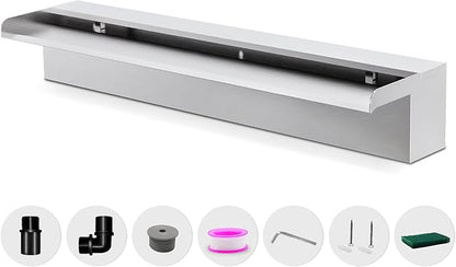 Waterfall Pool Fountain LONGRUNNEW 304 Stainless Steel 23.6" Rectangular Waterfall Spillway, Water Fall Fountain with Pipe Connector for Garden Outdoor, Swimming Pools, Fountains, Pond and Spa