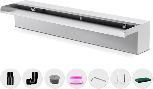 Waterfall Pool Fountain LONGRUNNEW 304 Stainless Steel 23.6" Rectangular Waterfall Spillway, Water Fall Fountain with Pipe Connector for Garden Outdoor, Swimming Pools, Fountains, Pond and Spa
