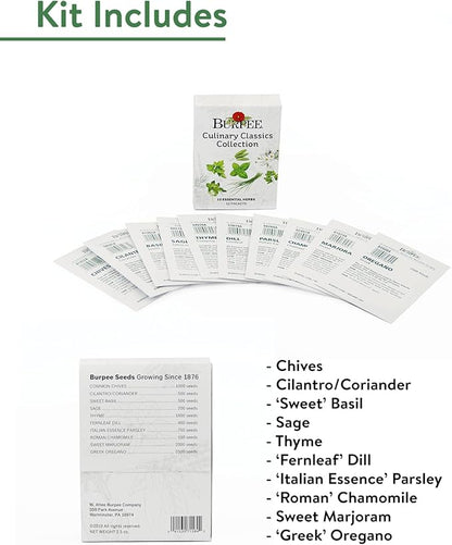 Burpee Culinary Classics Garden Collection 10 Packets of Non-GMO Chives, Cilantro, Basil, Sage, Thyme, Dill, Parsley, Chamomile, Marjoram & Oregano | Kitchen Herb Variety Pack, Seeds for Planting