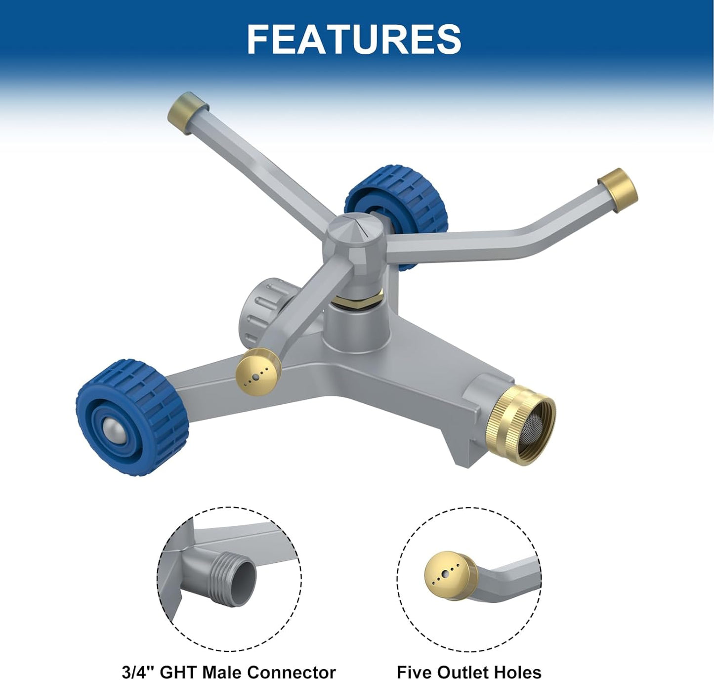 Sprinklers for Yard, 3-Arm Metal Sprinkler with Wheel Base, 360-degree Automatic Rotary Lawn Sprinkler System for Garden Yard