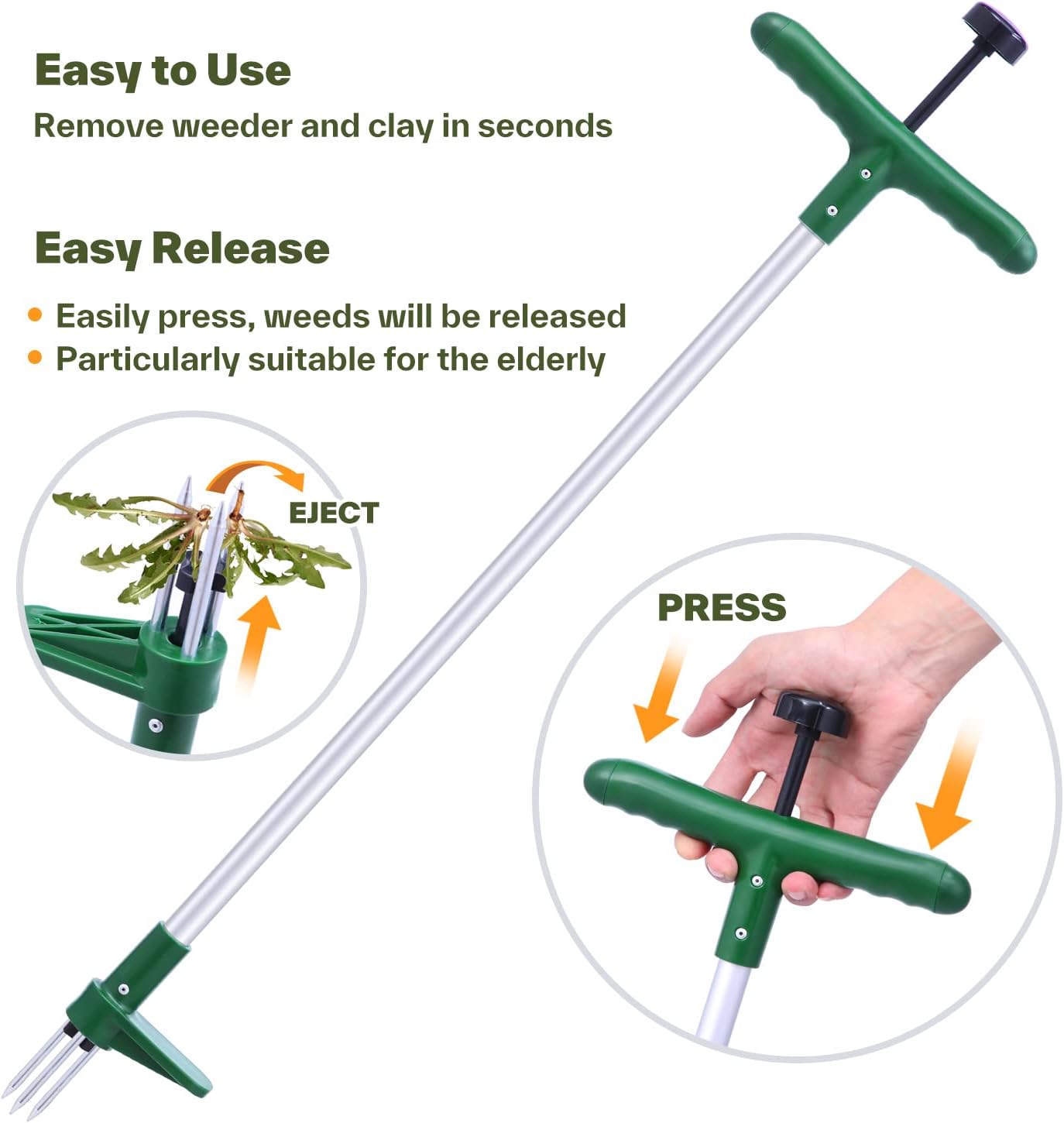 Ohuhu Weed Puller Tool, Detachable Stand-Up Weed Puller Tool with Long Handle, Stainless Steel 3-Claw Weed Remover Tool, Easily Remove Weeds Without Bending, Pulling, Kneeling for Elder