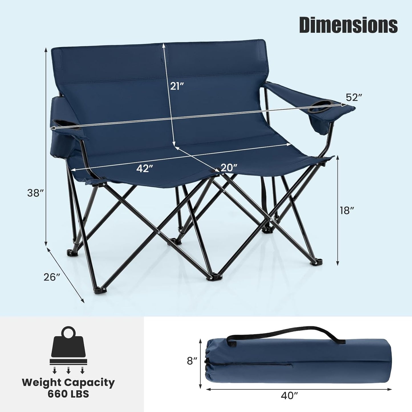 Goplus Double Camping Chair, Oversized Heavy Duty Camping Loveseat for Adults, Portable Folding 2 Person Camping Chair with Cup Holder for Outdoor Lawn Beach Backyard