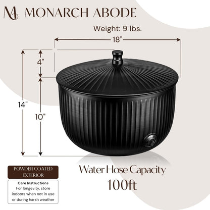 Monarch Abode Decorative Garden Hose Holder with Lid, Matte Black Storage for Outdoor Use, 100 ft Water Hose Pot for Outside, Ridge Embossed Metal Pot with Drainage, Garden Storage Organizer