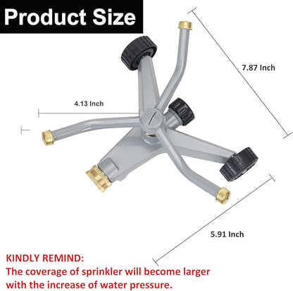 STYDDI Metal Rotating Water Sprinkler for Lawn, Heavy Duty Metal 3-Arms Whirling 360 Degree Automatic Rotary Sprinkler with Wheeled Base for Small Areas, Garden, Yard, Cover up to 1,384 Sq. ft.