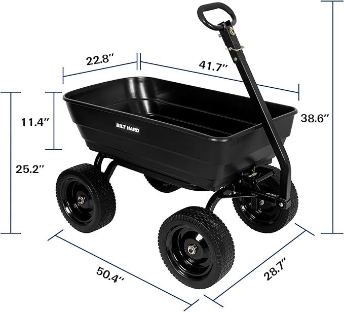 BILT HARD 1200 lbs 7 Cu Ft Poly Garden Dump Cart with 2-in-1 Convertible Handle, No Flat Tires, Quick Release, Dump Wagon Heavy Duty for Yard, Outdoor