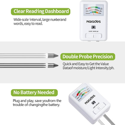 Professional 3-in-1 Soil Tester - Moisture/Light/pH Meter with Lab-Calibrated Probes, 90° Rotatable Display for Indoor/Outdoor Plants (Battery-Free) (White)