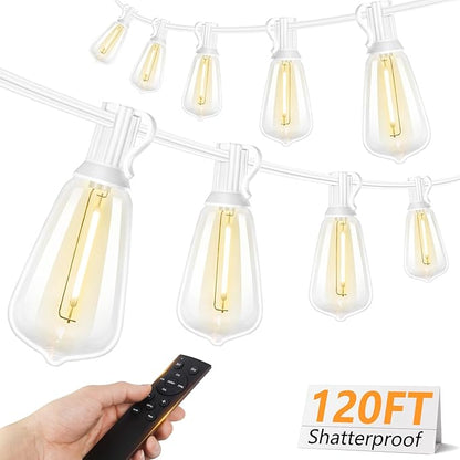 Brightever 120FT LED Outdoor String Lights with Remote, Patio Lights Outdoor Waterproof with 38 Shatterproof Edison Bulbs, Dimmable Outside Hanging Light for Birthday, Party, Christmas Decor, White