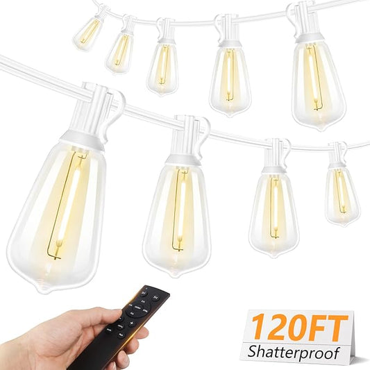 Brightever 120FT LED Outdoor String Lights with Remote, Patio Lights Outdoor Waterproof with 38 Shatterproof Edison Bulbs, Dimmable Outside Hanging Light for Birthday, Party, Christmas Decor, White