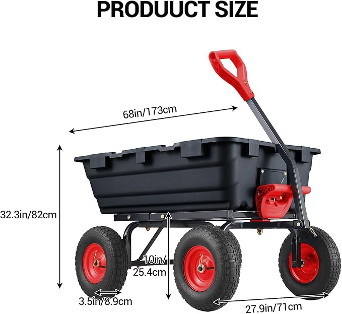 Generic Heavy Duty Garden Dump Cart, 800 Lbs Capacity Poly Utility Cart with 10in Pneumatic Tires & Rotating Handle for Yard, Garden, Lawn