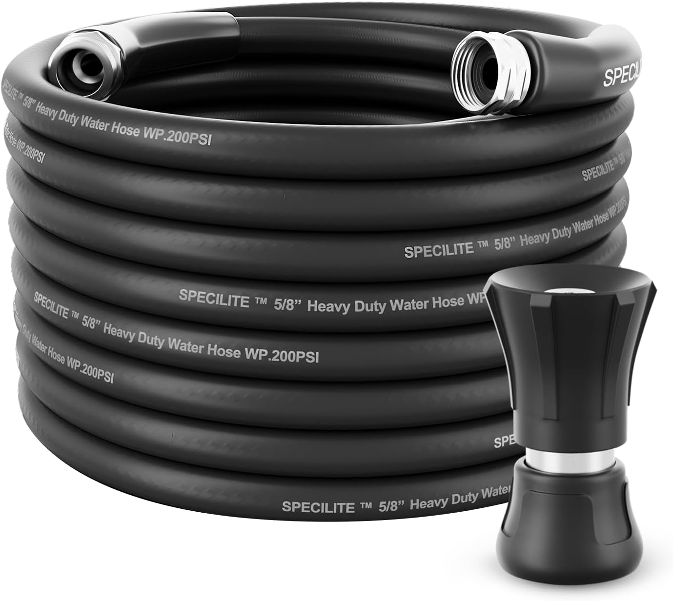 SPECILITE 5/8" Garden Hose 75 ft with High Flow Nozzle, Heavy Duty Flexible Hybrid Rubber Water Hose for Outdoor, Lightweight, Leak-Proof, No-Kink, 3/4"Brass Fittings,Black