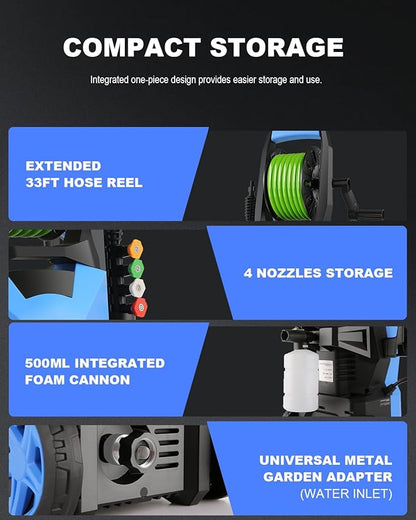 Electric Pressure Washer 5000 PSI 2.8 GPM Power Washers Electric Powered with 33ft Pressure Hose, 4 Nozzle and Foam Cannon, powerwashers for Home, Cars, Fences, Patio, Upgraded Blue