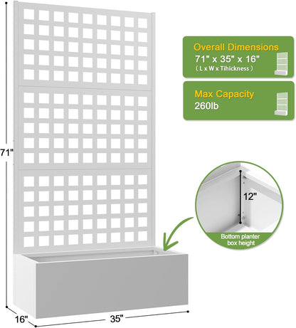 FENCY Metal Raised Garden Bed with Trellis, Planter Box with Trellis, Garden Box for Climbing Plants Vegetable, 35''Lx16''Wx71''H Metal Garden Bed with Drainage Holes(White)
