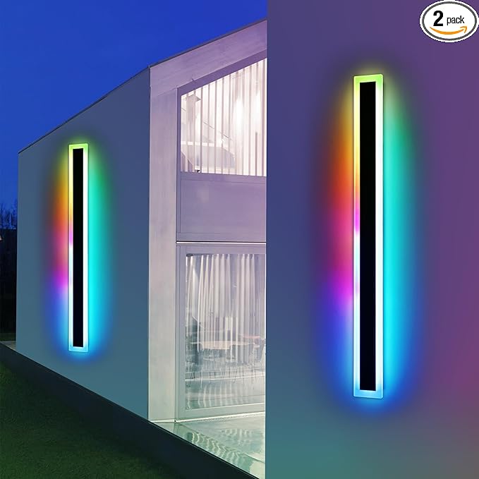 Widened 2 Pack Modern Exterior Lighting Fixtures, 58inch RGB Dimmable Outdoor Wall Sconces, 10 Colors, 5 Modes, IP65 Waterproof, Black Long LED Wall Mount Lights for Fence, Balcony, Garage