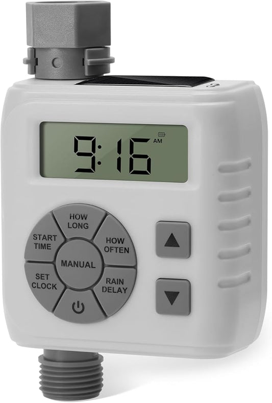 Sprinkler Timer, Programmable Irrigation Water Timer for Garden Hose, Solar/Battery Dual Power & Professional Leak-Proof Design, Rain Delay/Auto/Manual Watering System, Gray