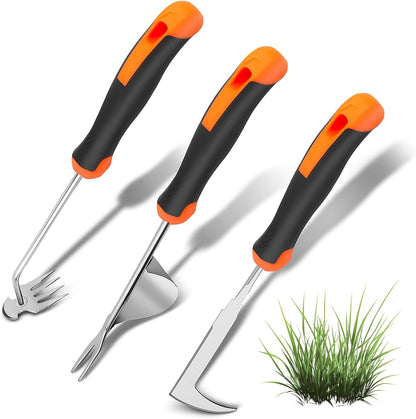 Upgraded Stainless Steel Hand Weeder Tool with Soft Rubber Grip | Manual Weed Extractor with Root Removal Function 4-Tine Slot Weeder for Crevices Garden Weeding Master Kit (3-Pack)