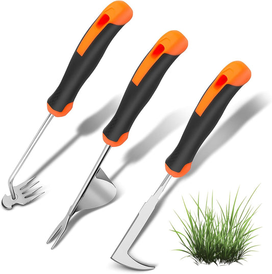 Upgraded Stainless Steel Hand Weeder Tool with Soft Rubber Grip | Manual Weed Extractor with Root Removal Function 4-Tine Slot Weeder for Crevices Garden Weeding Master Kit (3-Pack)