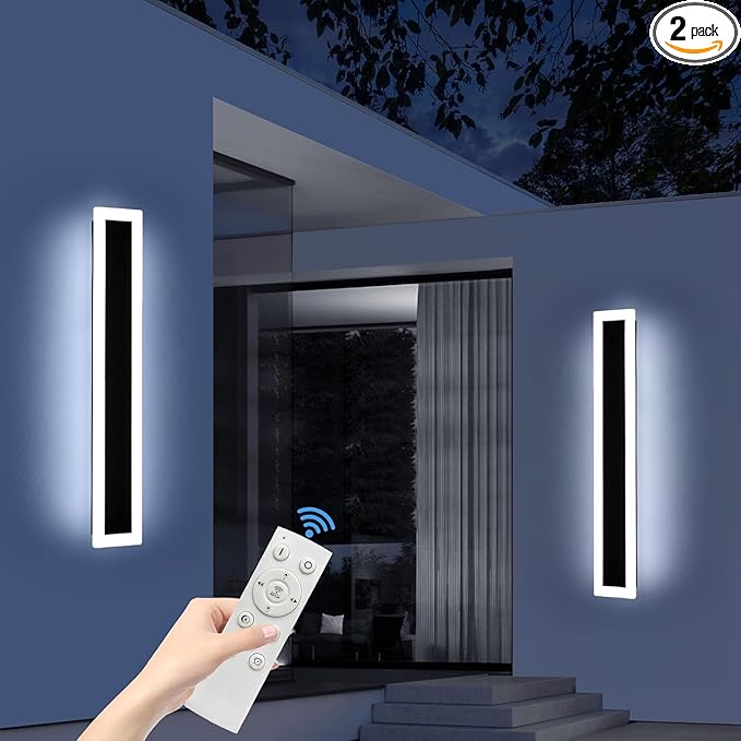 Upgrade Widened 2 Pack Modern Outdoor Wall Light Fixtures, 39.3inch Dimmable LED Wall Sconce 3000K-6000K, IP65 Waterproof, Long Linear Wall Lamps Lighting for Porch, Patio, Garage with Remote Control