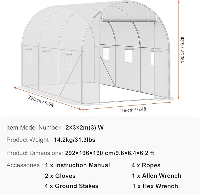 VEVOR Walk-in Tunnel Greenhouse, 9.6x6.4x6.2 ft Hoop House Greenhouse Tunnel, Plant Hot House with Galvanized Steel Frame, White PE Cover, Roll-up Zipper Door and 6 Windows for Outdoor