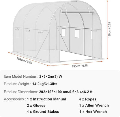 VEVOR Walk-in Tunnel Greenhouse, 9.6x6.4x6.2 ft Hoop House Greenhouse Tunnel, Plant Hot House with Galvanized Steel Frame, White PE Cover, Roll-up Zipper Door and 6 Windows for Outdoor