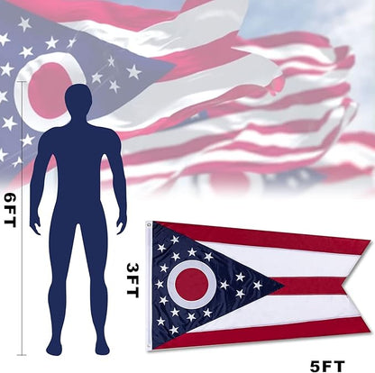 Ohio State 3x5 ft OH Flag - Heavy Duty 210D Nylon with Embroidered Stars - Outdoor/Indoor All Weather Burgee Flag with Strong Canvas Header/Brass Grommets/Sewn Stripes