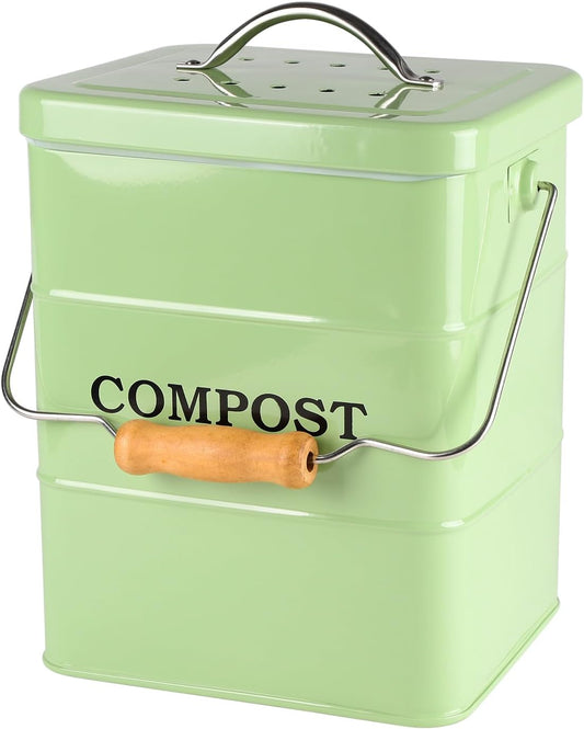 Compost Bin Kitchen Countertop Indoor Compost Pail Bucket, Great for Food Scraps, Carbon Steel, Handles, Green, 1 Gallon - Includes Charcoal Filter