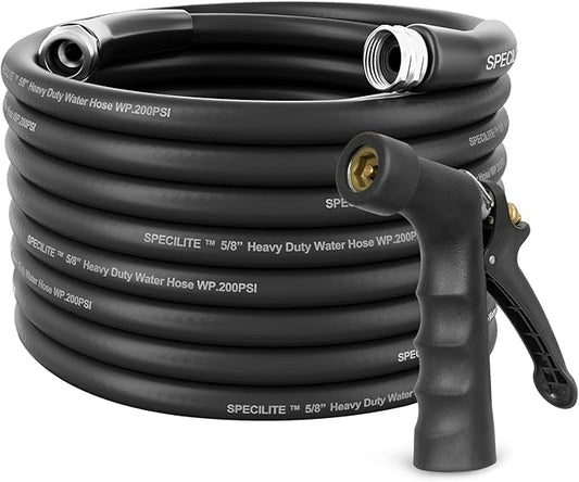 SPECILITE 5/8" Hot/Cold Garden Hose 75 ft with Industrial High Pressure Nozzle, Flexible & Lightweight, 600psi Burst Rubber Water hose -50℉-158℉ With 3/4"Stainless Steel Fittings for Yard, Black