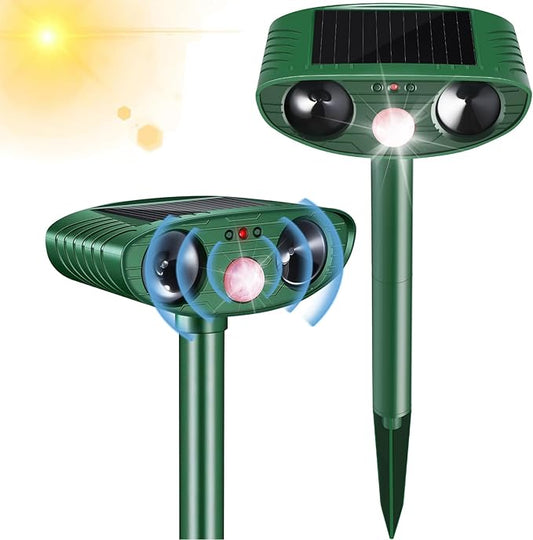 2 Pack Solar Animal Repeller Outdoor, Cat Deterrent with Ultrasonic & Flashing LED - Night Time Motion Activated Pest Control for Garden Yard to Repel Cats, Raccoons, Deer, Skunks, Squirrels