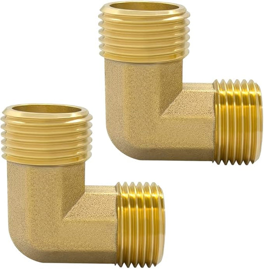 Hooshing 2PCS 3/4" GHT Male to Male Garden Hose Elbow Connector Brass 90 Degree Pipe Fitting for RV Water Hose