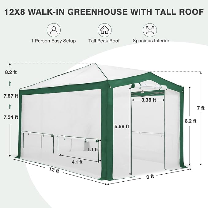 EAGLE PEAK 12x8 Portable Walk in Greenhouse with Polyester Reinforced Corners, Instant Pop up Indoor Outdoor Gardening Green House, Roll Up Zipper Entry Doors and Mesh Windows, Green/White