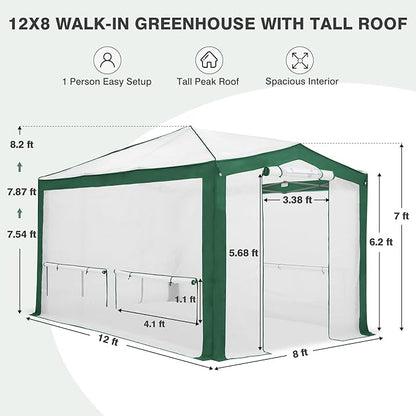 EAGLE PEAK 12x8 Portable Walk in Greenhouse with Polyester Reinforced Corners, Instant Pop up Indoor Outdoor Gardening Green House, Roll Up Zipper Entry Doors and Mesh Windows, Green/White