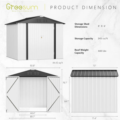 Greesum 8x6FT Outdoor Storage Shed, Utility Tool Shed Metal Storage Garden Shed with Door & Lock for Patio Storage, White