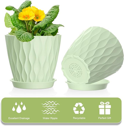 4 Inch Small Pots for Plants, 6 Pack Waffle Texture Small Plant Pots for Succulents, Plastic Planter with Drainage Holes and Saucers for Indoor Outdoor Plants, Flowers, Herbs, Seedlings, Green