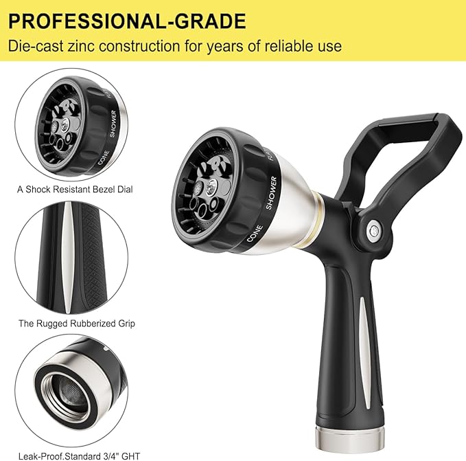 FANHAO Heavy Duty Fireman's Hose Nozzle, Metal Water Nozzle with 8 Spray Patterns，High Pressure Garden Hose Sprayer with Lever Control and Non-Slip Grip to Water Lawns & Plants, Wash Cars & Clean