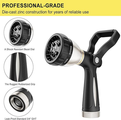 FANHAO Heavy Duty Fireman's Hose Nozzle, Metal Water Nozzle with 8 Spray Patterns，High Pressure Garden Hose Sprayer with Lever Control and Non-Slip Grip to Water Lawns & Plants, Wash Cars & Clean