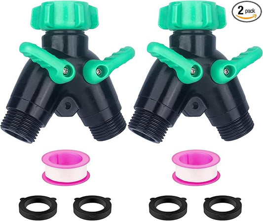Garden Hose Splitter 2 Way Heavy Duty Plastic, for 3/4" Water Hose Splitter, Hose Y Splitter with Shutoff, Comfortable Grip, Easy Installation, with 4 Extra Leakproof Rubber Washers 2 Tape