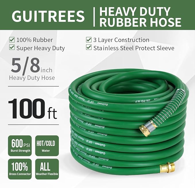 100FT 5/8 Heavy Duty Rubber Garden Hose - 200psi Working, 1000psi Burst - Hot/Cold Water - Five-Layered Braiding for Durability - Versatile for Gardening, Agriculture, Construction(Green)