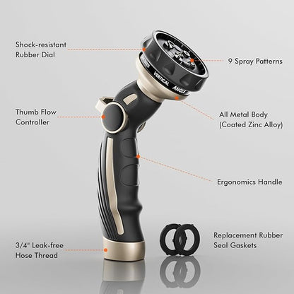 RESTMO Hose Nozzle Heavy Duty, Metal Water Hose Sprayer for Garden, 9 Spray Patterns | High Pressure | Thumb Flow Control | On/Off Valve, Ideal for Outdoor Lawn & Plant Watering, Car & Pet Washing