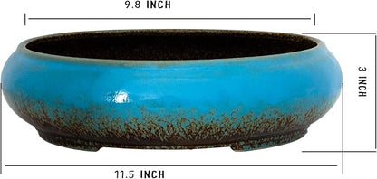 Succulent Pots - 11.5 Inch Ceramic Bonsai Pots with Drainage, Large Shallow Succulent Planters for Indoor Outdoor Plants, Round Glazed Cactus Flower Plant Container Bowl Home Desk Decor(Blue)