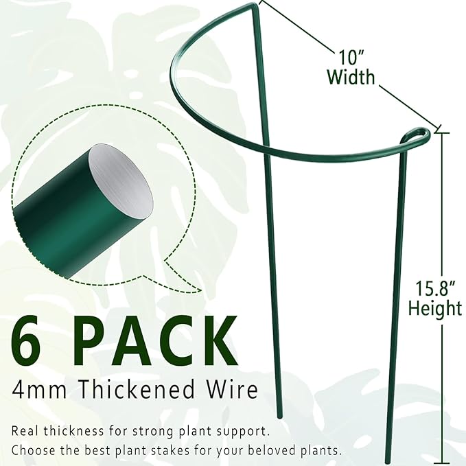 6 Pack Plant Support Stakes, Metal Monstera Plant Support Stakes for Indoor Plants, Large Garden Plant Support Ring, Tomato Cage, Tall Plant Holder Sticks (10" W X 15.8" H)