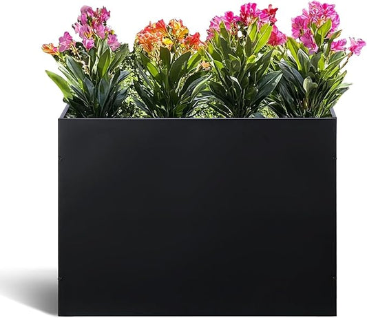 Metal Rectangular Planter Box Tall Planters for Outdoor Plants Modern Heavy Duty with Drainage Holes for Outside Indoor Patio Deck - Black, 32”x 12”x 24”