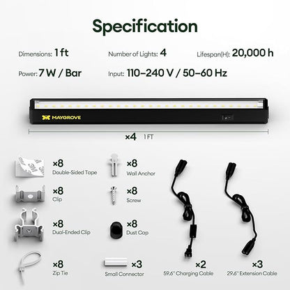 Plant Grow Lights 1FT, Sun-Like Full Spectrum 5000K, 28W(4 x 7W), T5 LED Grow Light Strips for Indoor Plants and Flowers, High PPFD, Linkable, Black, 4-Pack