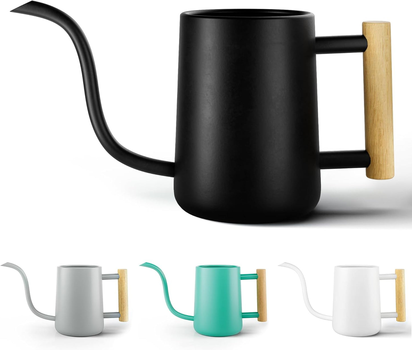 35 Ounce Metal Small Indoor Watering Can with Long Spout & Real Wood Handle for House Plants, Succulents, Cacti & Seedlings - Black Long Spout Watering Can Indoor Plants - Gentle Flow & No Spills