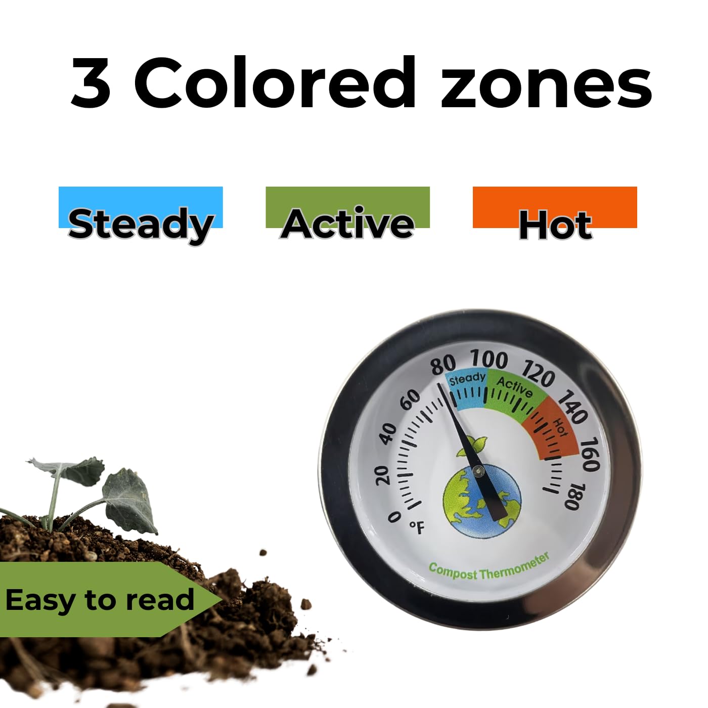 20 Inch Compost Soil Thermometer 0-180° Fahrenheit Backyard Stainless Steel Stem for Composting Bins Outdoor Gardening Planting Easy-to-Read 2.1” Dial Display